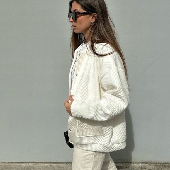 Zara jacket coat bomber overcoat cream ribbed casual fall lightweight - Picture 2 of 10